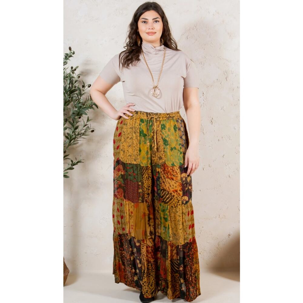 Young Threads Camel Brown Patchwork Flare Pants XL NWT - Autumn Boho